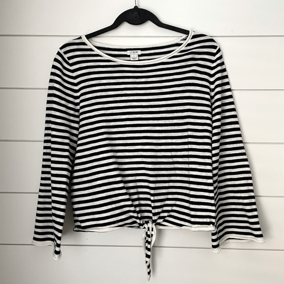 J. Crew navy blue and cream striped sweater with tie. - Picture 1 of 2